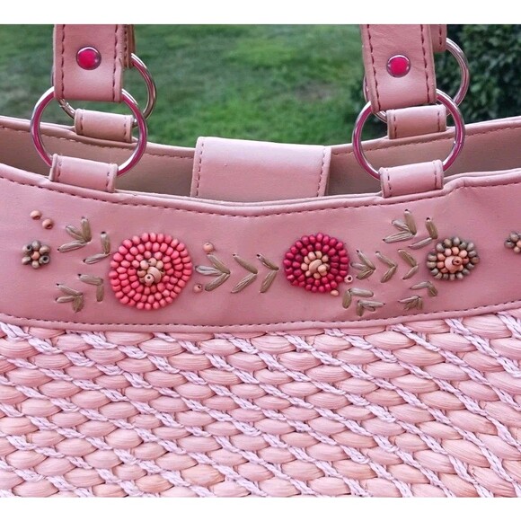 VTG Woven Natural Straw Handbag Wood Beaded Floral Summer Double Handle Bag Avon - Picture 3 of 7